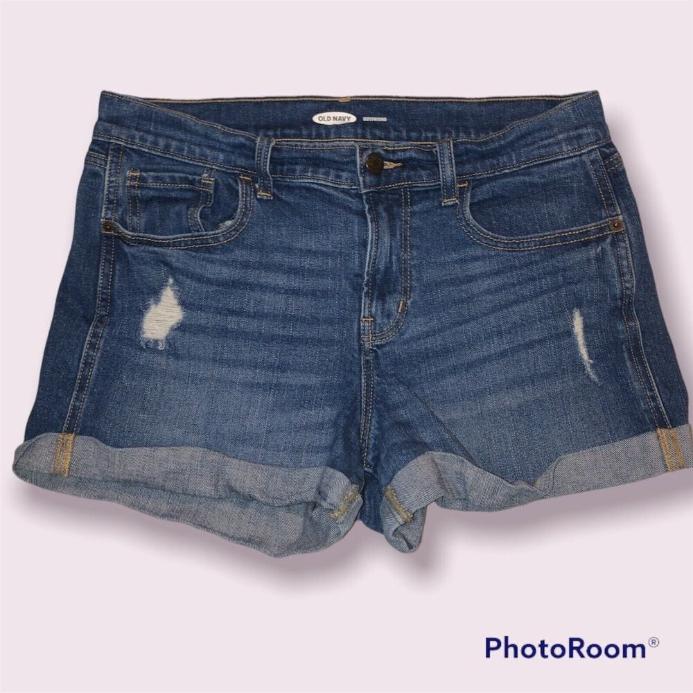 Old Navy  Shorts Size 6 Boyfriend Medium Wash Denim Rolled Hem Distressed